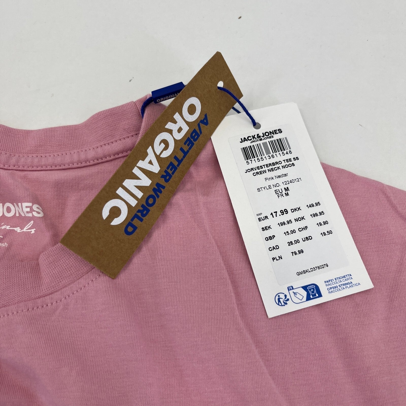 Jack & Jones Original Logo T-shirt Mens Crew Neck Print Cotton Tee Pink size M