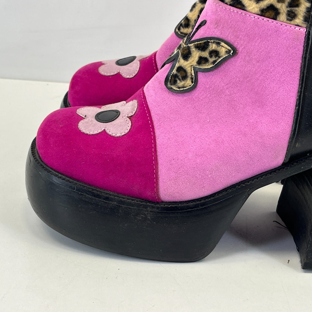 Ladies Retro 60s Disco Look Platform Boots Pink/Black Faux Suede UK 6 Glam Party