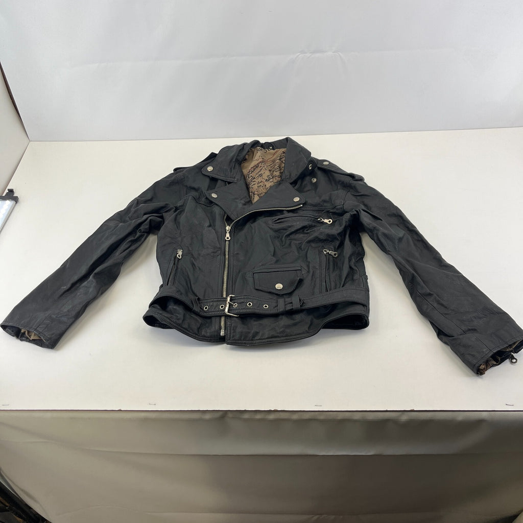 Punk Black Leather Biker Jacket with Belt size Medium Skinhead