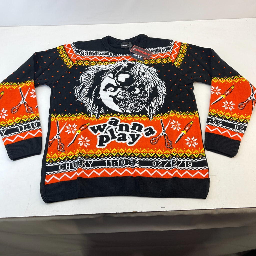 Childs Play Chucky Sweater Jumper Christmas Horror Pullover size L Wanna Play