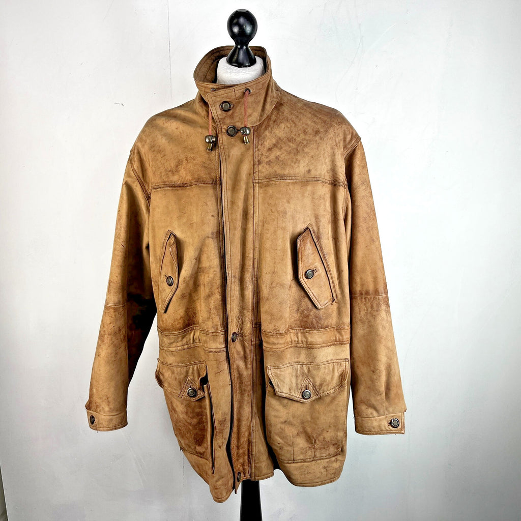 Lakeland Men’s Leather Jacket Long Distressed Look Tan Brown UK size 46