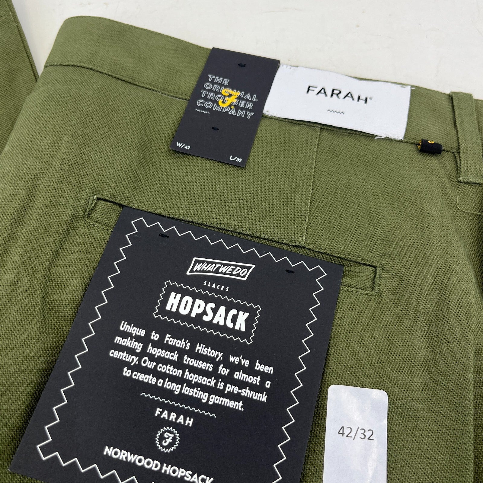 Farah Norwood Hopsack 100% Cotton Trousers Regular Fit W42" L32" Olive Green