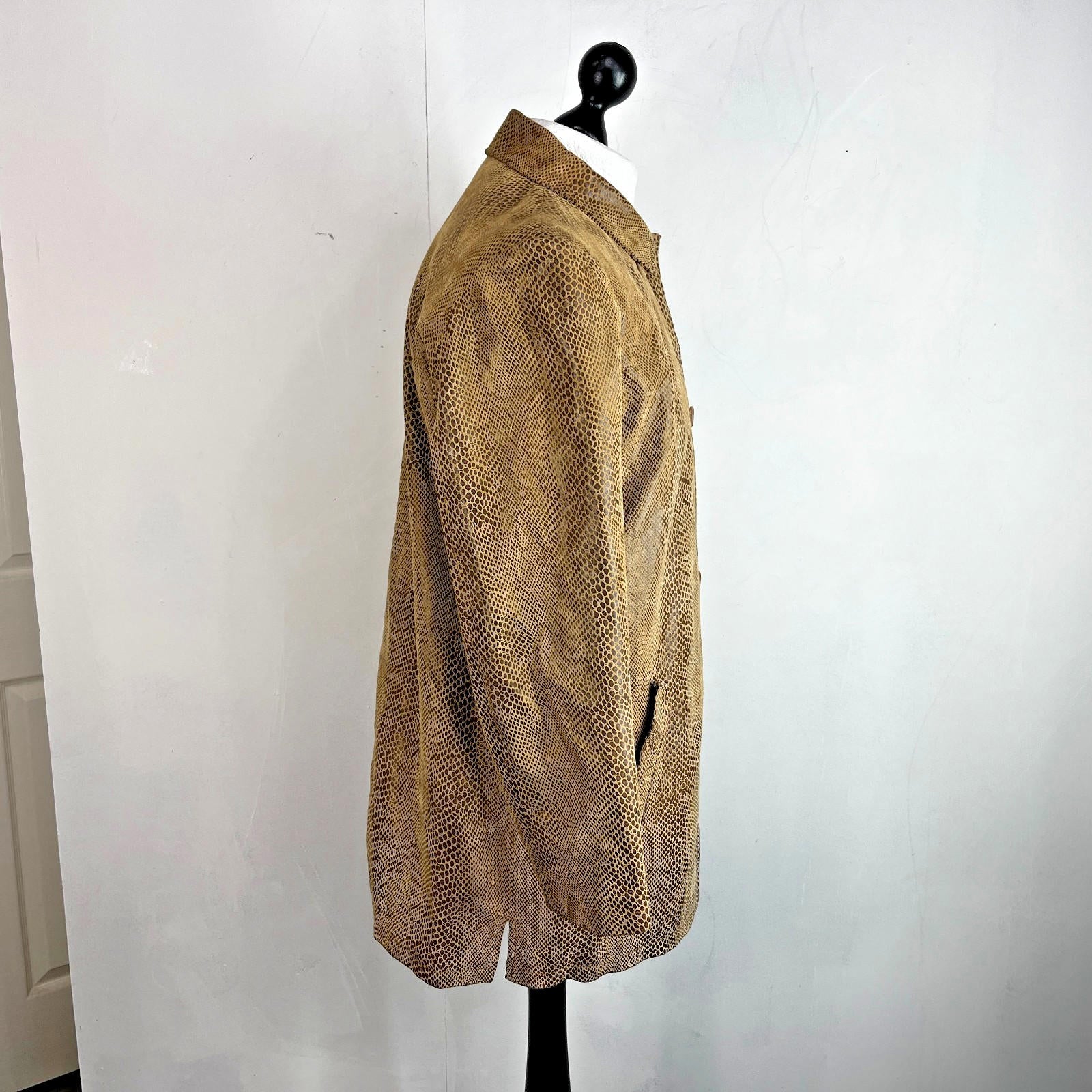 Beth Terrell Long Leather Coat Jacket Tan Brown Snake Lizard Pattern size Medium