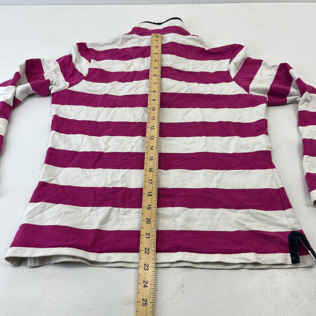 Joules White & Pink Striped Rugby Polo Shirt Distressed Long Sleeve Womens UK 12