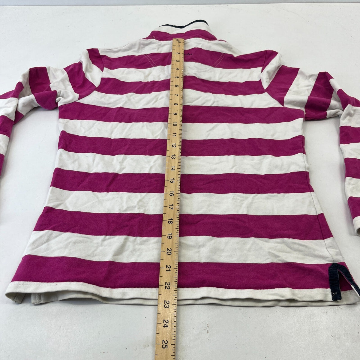 Joules White & Pink Striped Rugby Polo Shirt Distressed Long Sleeve Womens UK 12