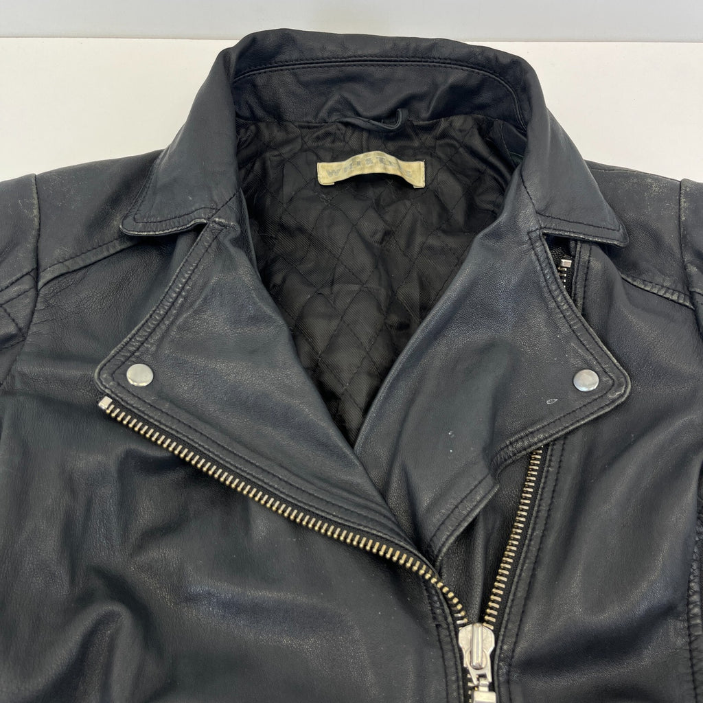 Whistles Distressed Look Leather Jacket Biker Black Boyfriend Zip Cuffs size 10