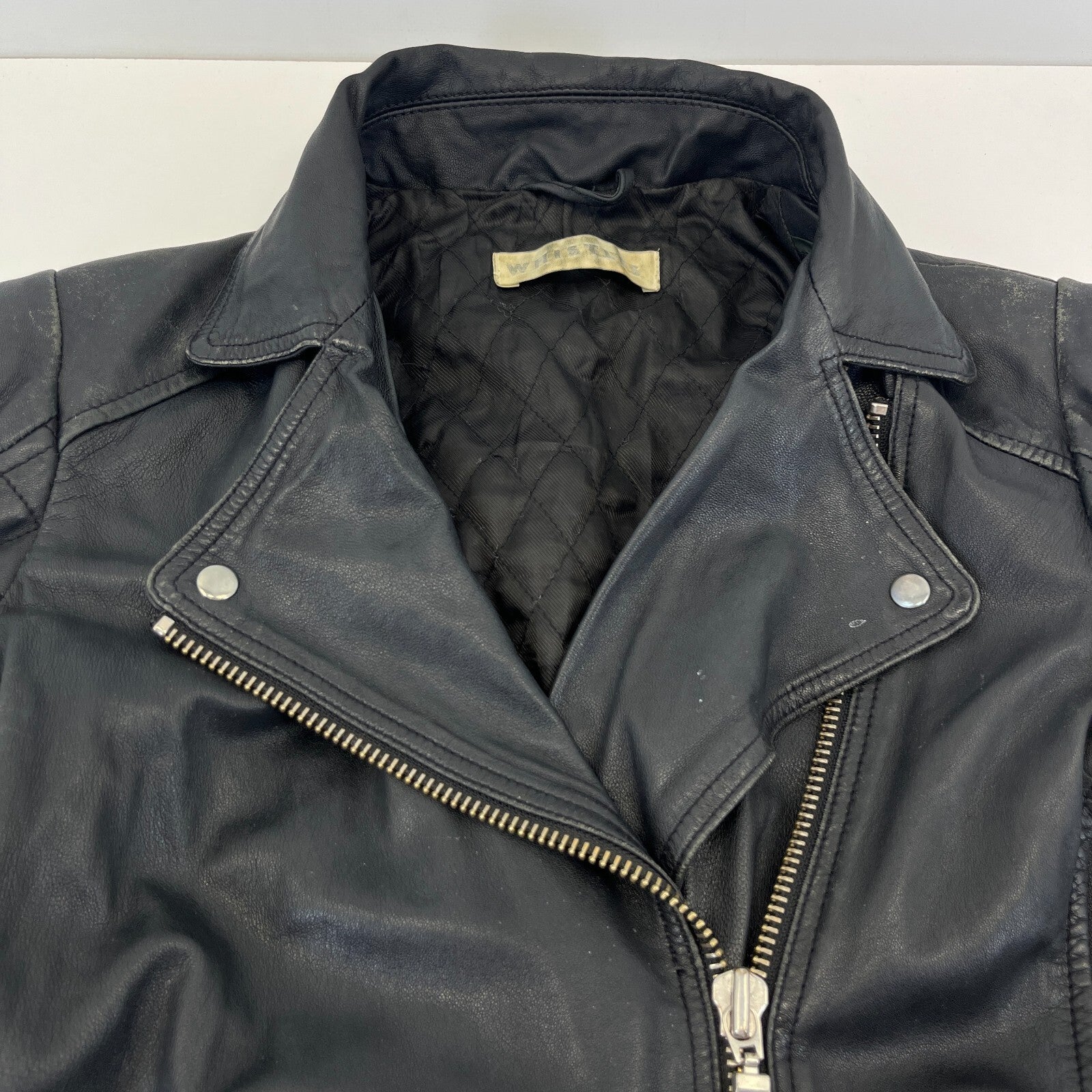 Whistles Distressed Look Leather Jacket Biker Black Boyfriend Zip Cuffs size 10