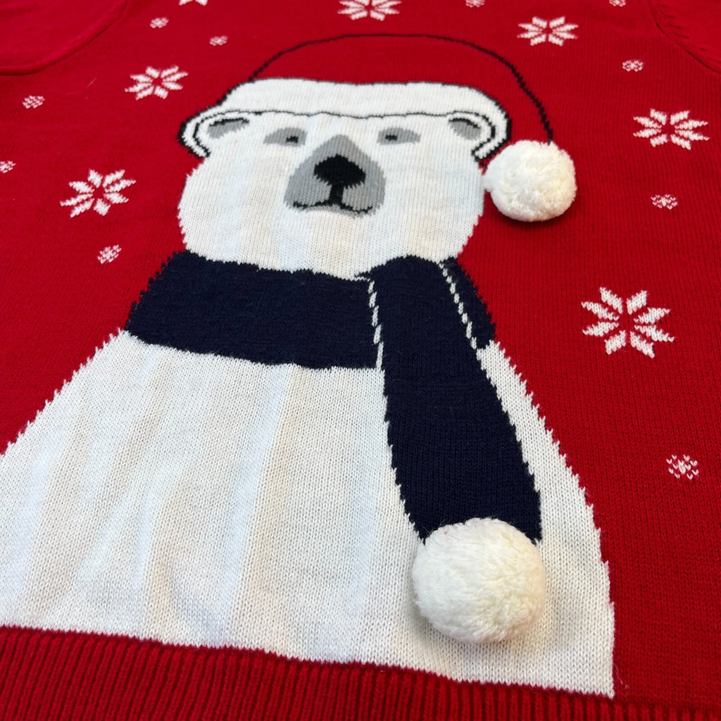 Women's Polar Bear with Bobble Christmas Jumper in Red Knit Sweater size Large