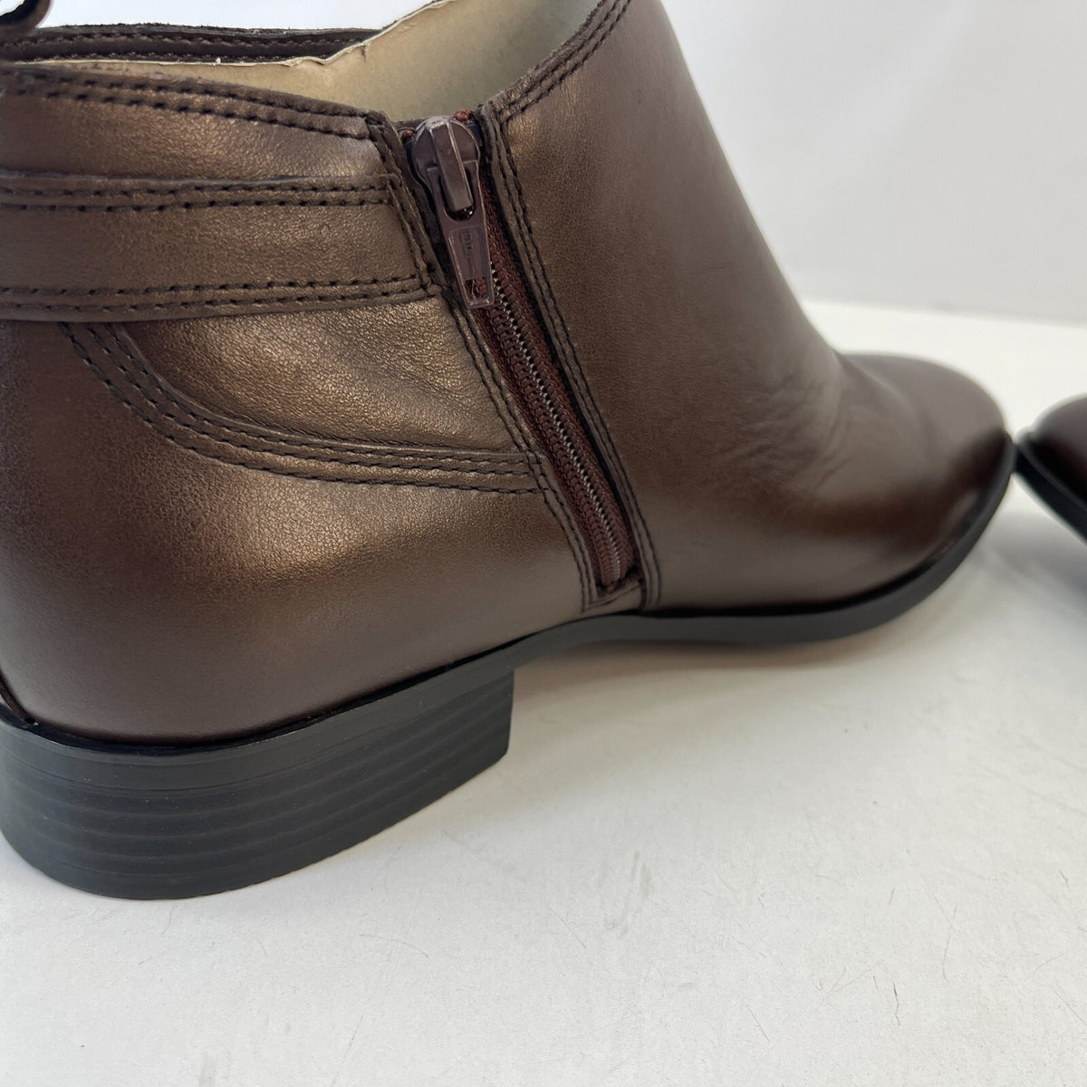 M&S Women’s Dark Brown Leather Almond Toe Ankle Boots Block Heel & Side Zip UK 8