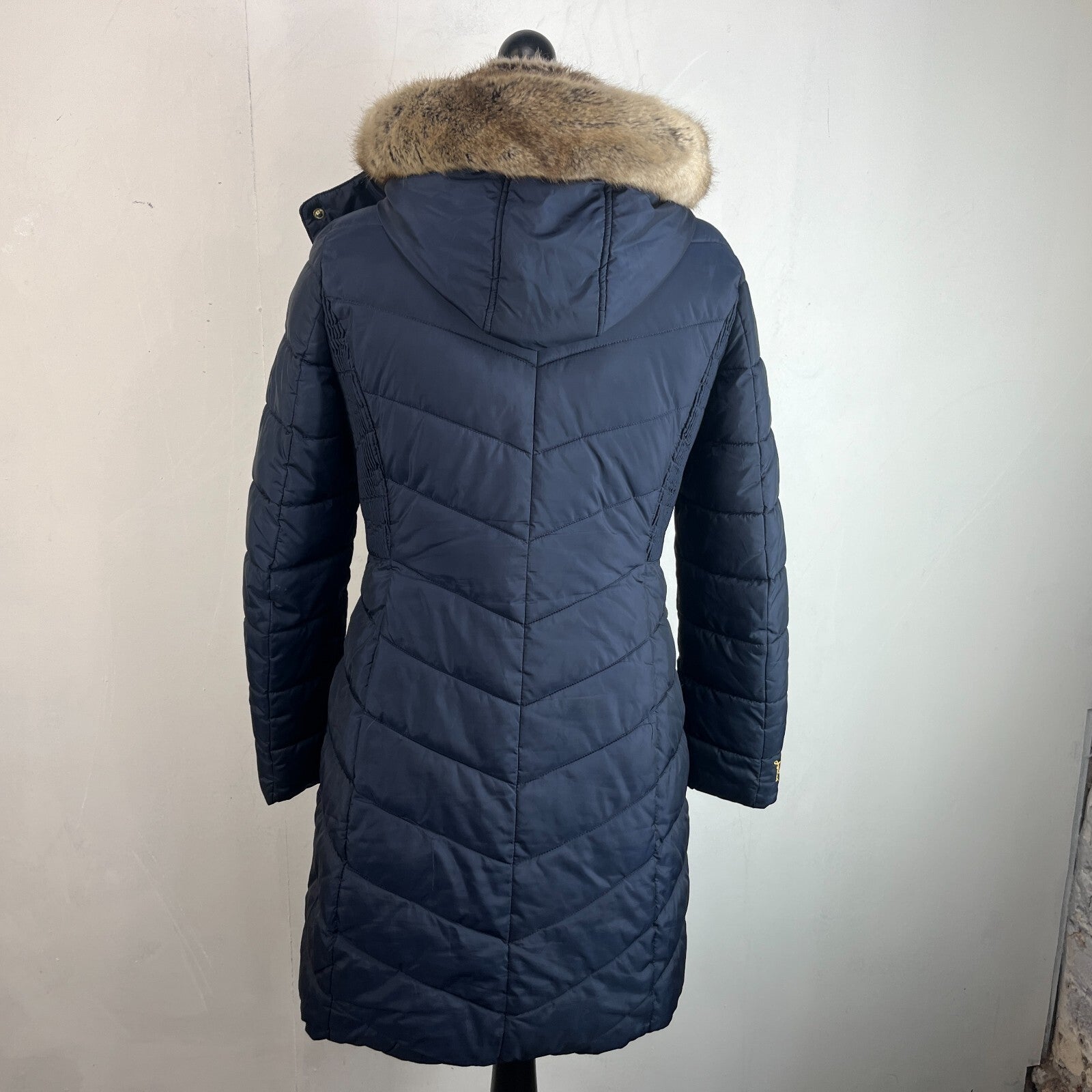 Joules Warm Welcome Long Quilted Jacket Navy Blue with Faux Fur Fringe size 14