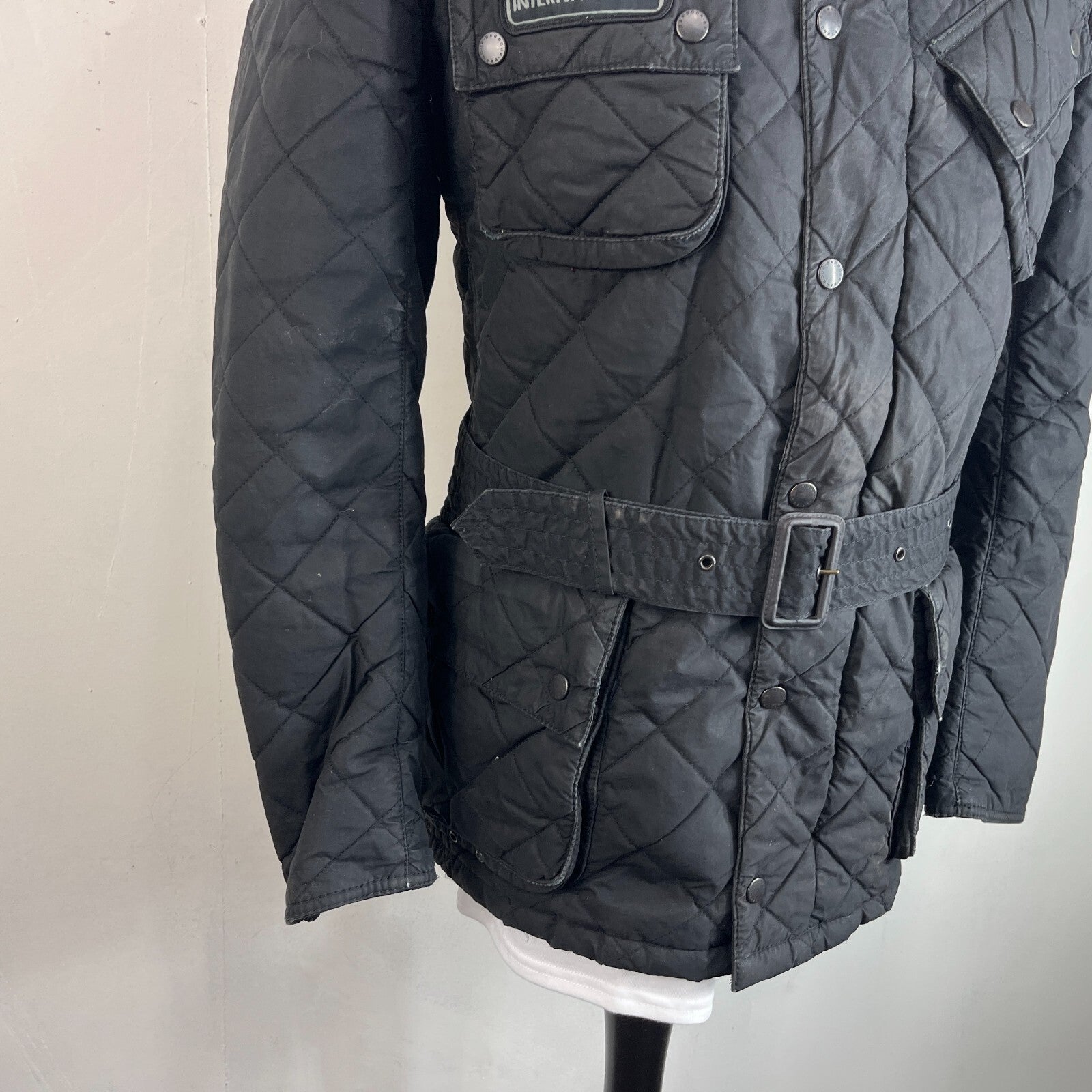 Barbour International Quilted Waxed Cotton Jacket Black with Belt Band Collar S