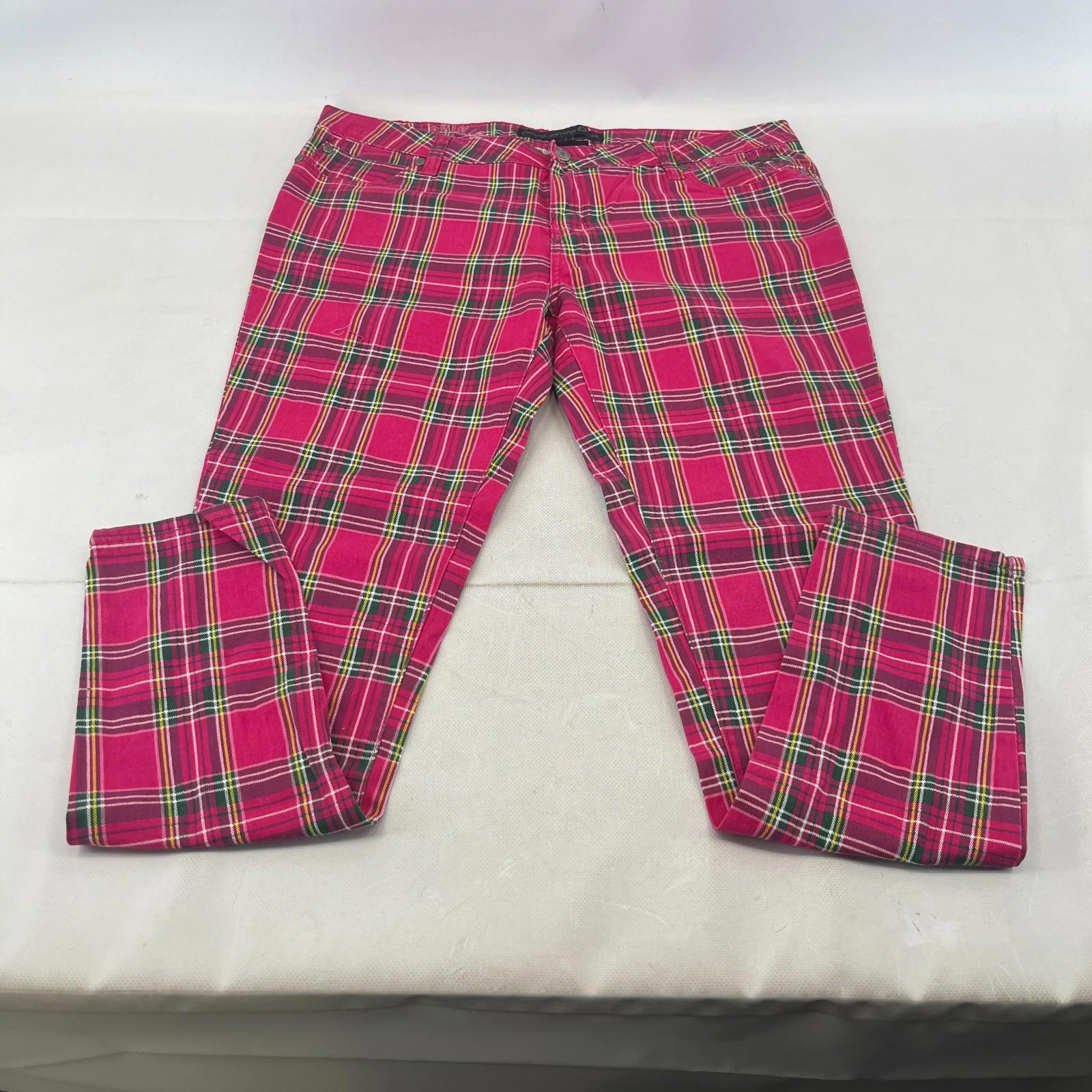 Criminal Damage Women's Pink Tartan Jeans Tapered Stretch Waist 36"