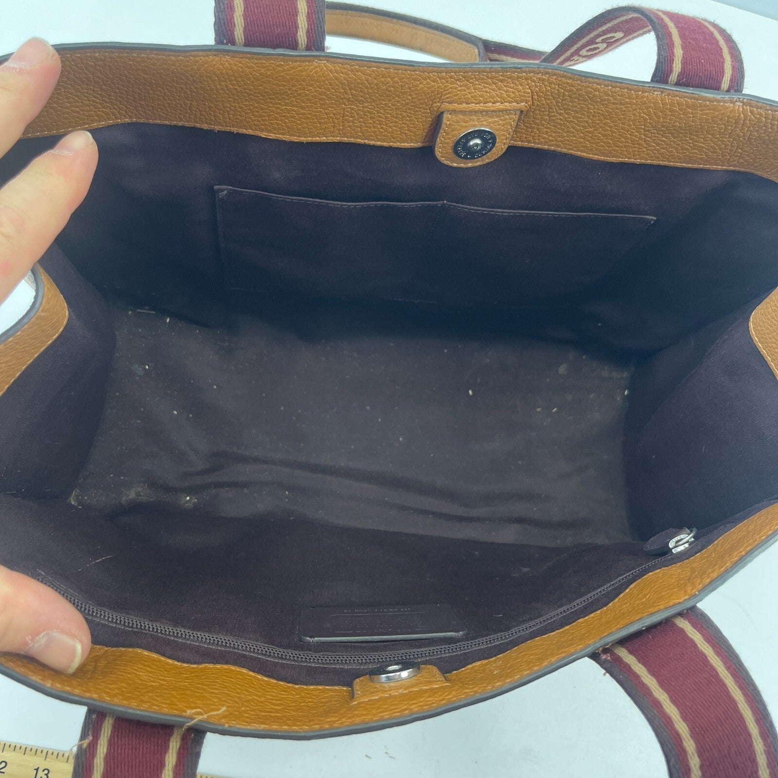 Coach Smith Tote Bag CM716 Tan Pebbled Leather Burgundy Logo Strap