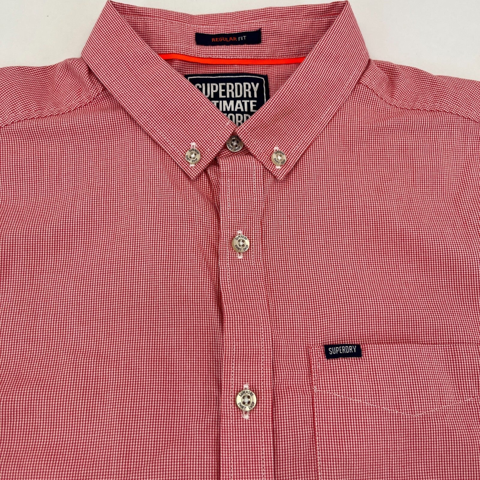 SuperDry Ultimate Oxford Shirt in Red Micro Houndstooth Short Sleeve size Small