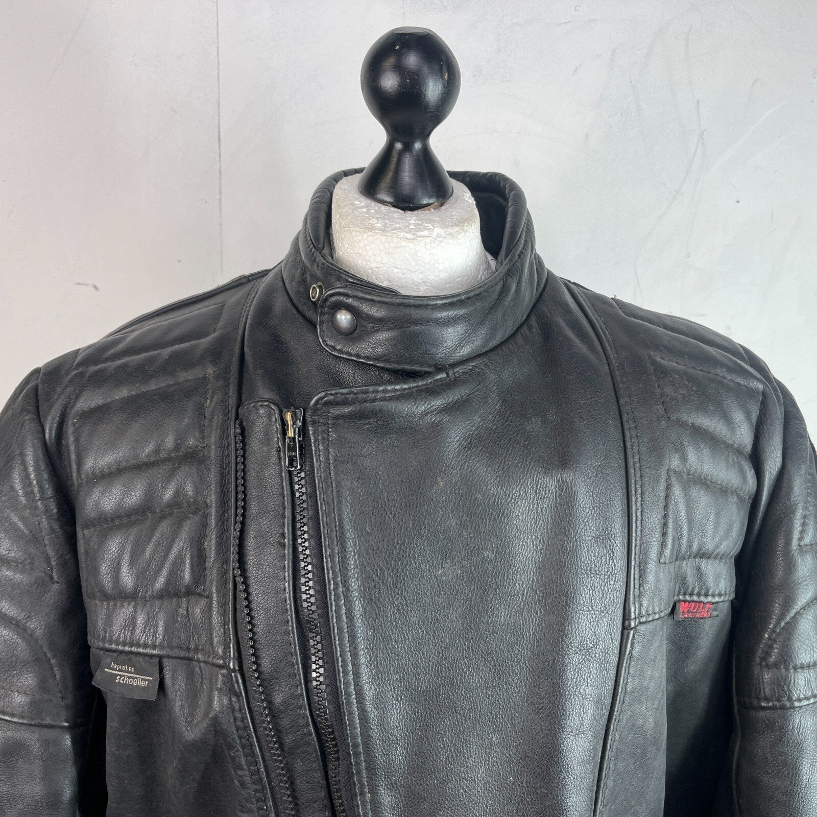 Wolf Leathers Vintage Black Leather Motorcycle Jacket Airbrushed size UK 46