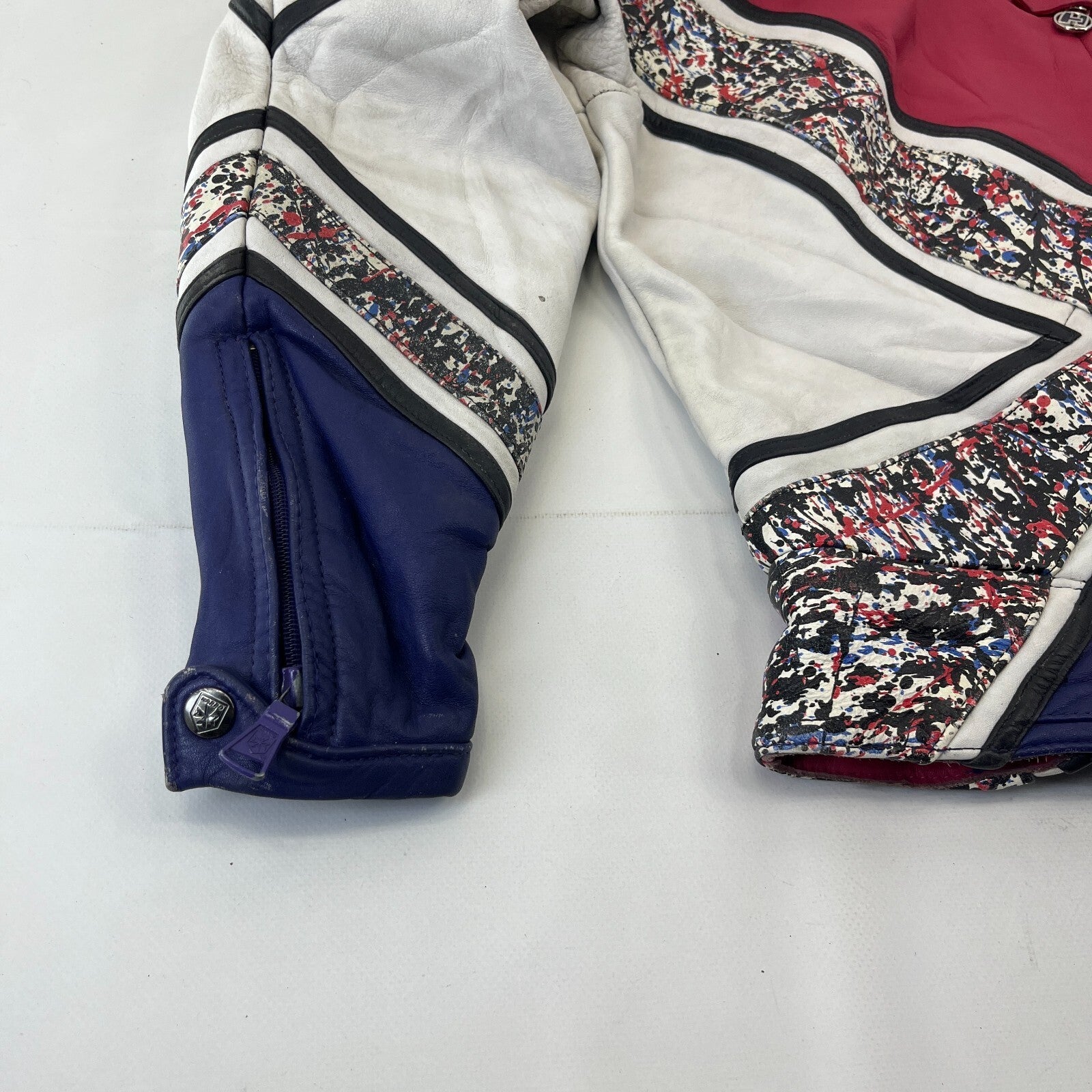 Vintage Harro Leather Motorcycle Biker Jacket Pink Blue White EU size 48