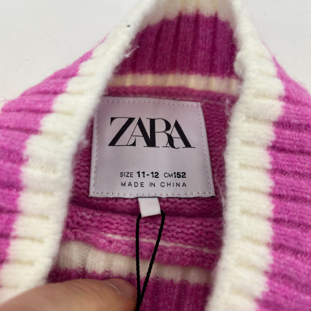 Zara Girl's Knit Jumper Crew Neck Pullover Sweater Pink & White size 11-12yrs