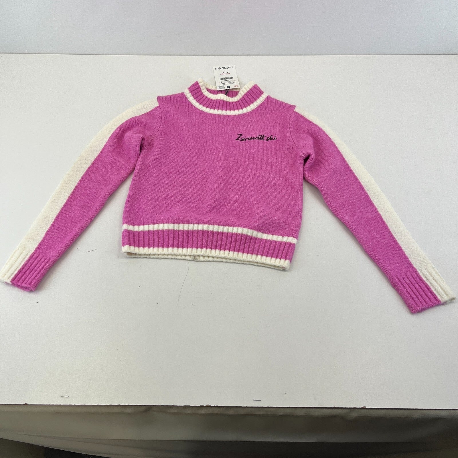 Zara Girl's Knit Jumper Crew Neck Pullover Sweater Pink & White size 11-12yrs