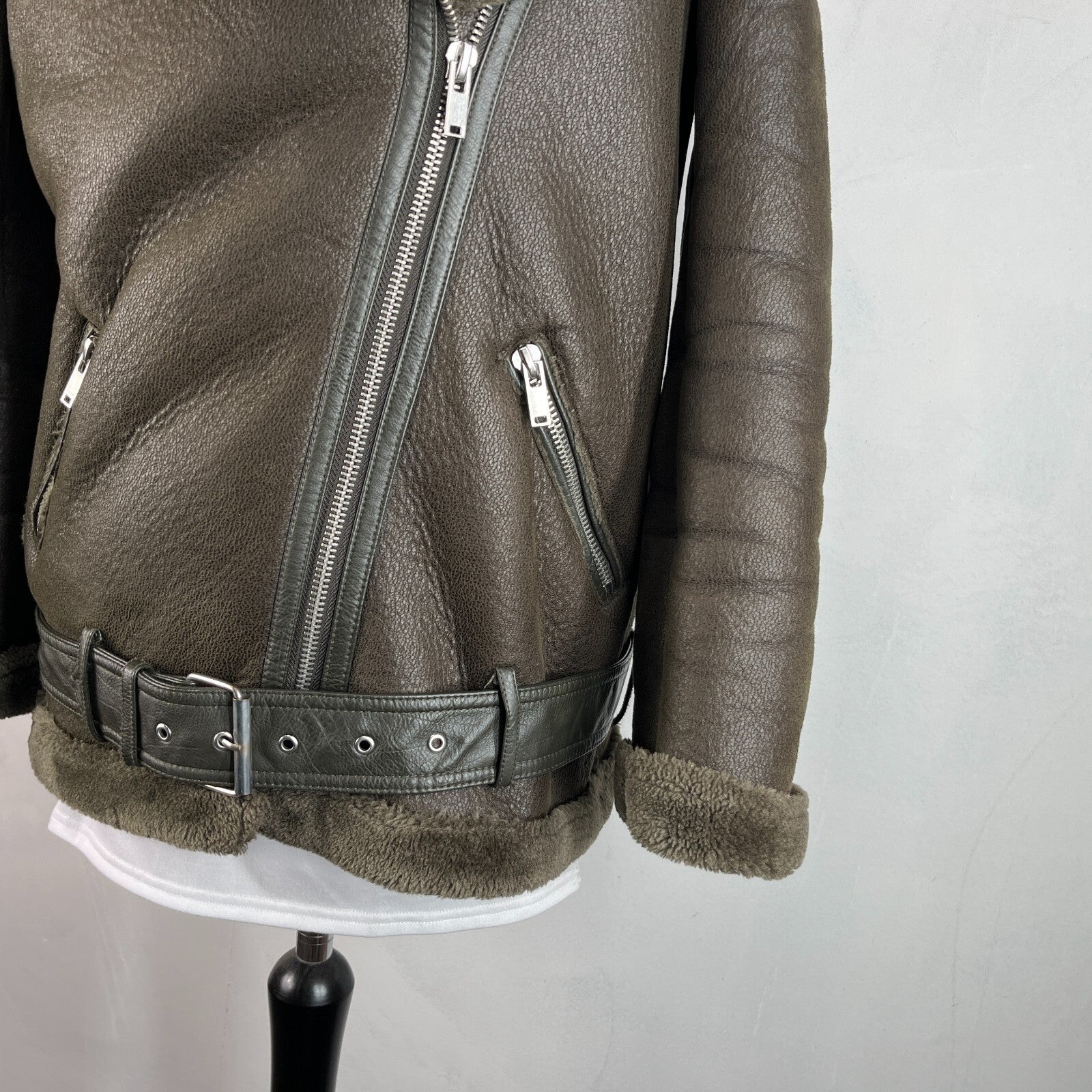 Zara Brown Faux Shearling Fur Lined Jacket Aviator Brown with Belt size Medium