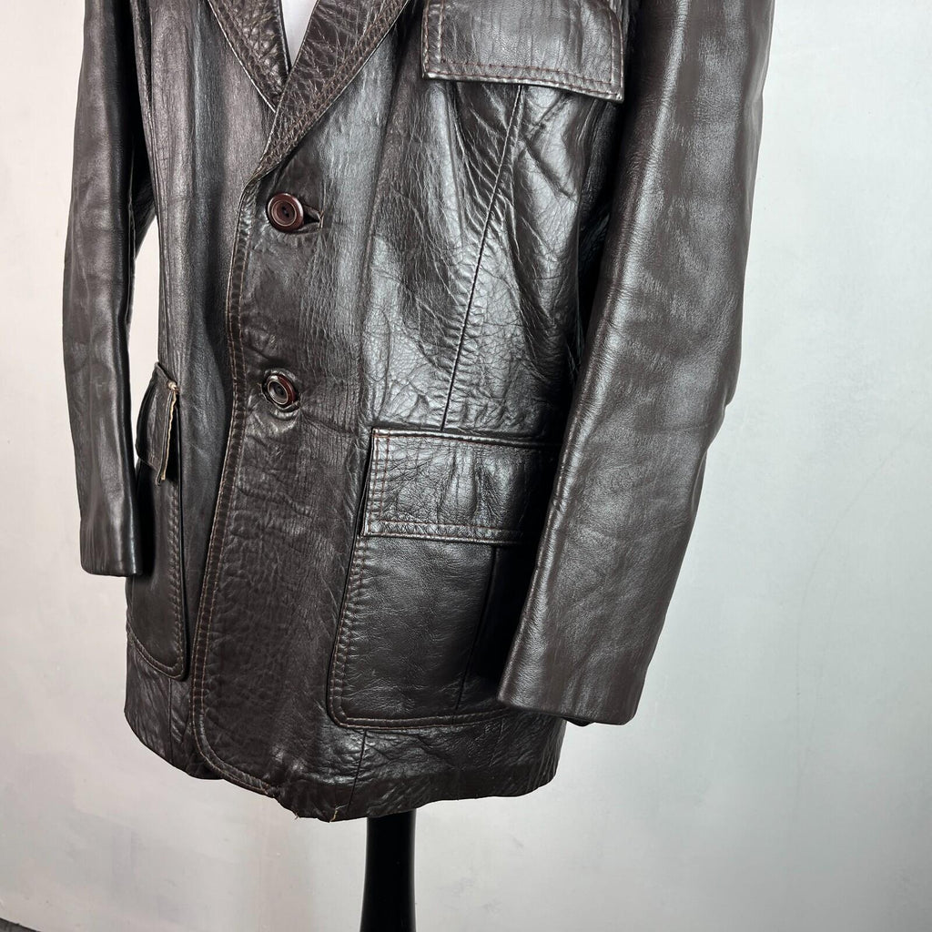 Vintage Made in London Dark Brown Leather Jacket Mid Length Retro size Large