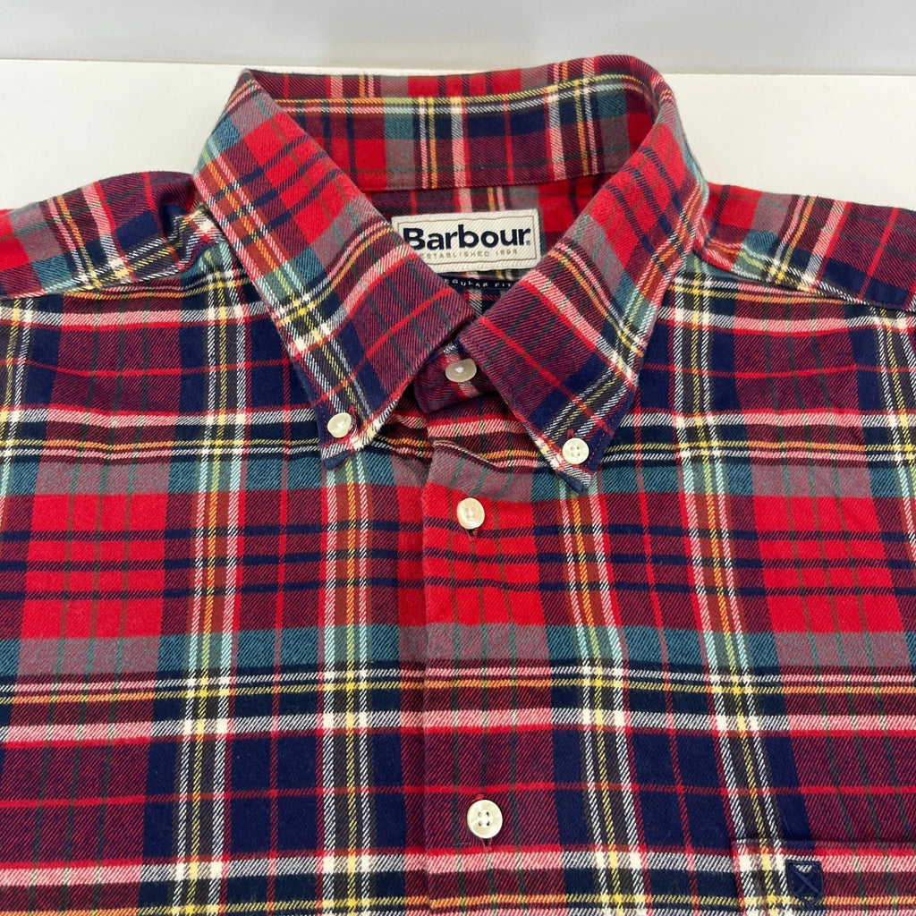Barbour Men's Red Check Flannel Shirt Button Up Long Sleeve - UK size XL