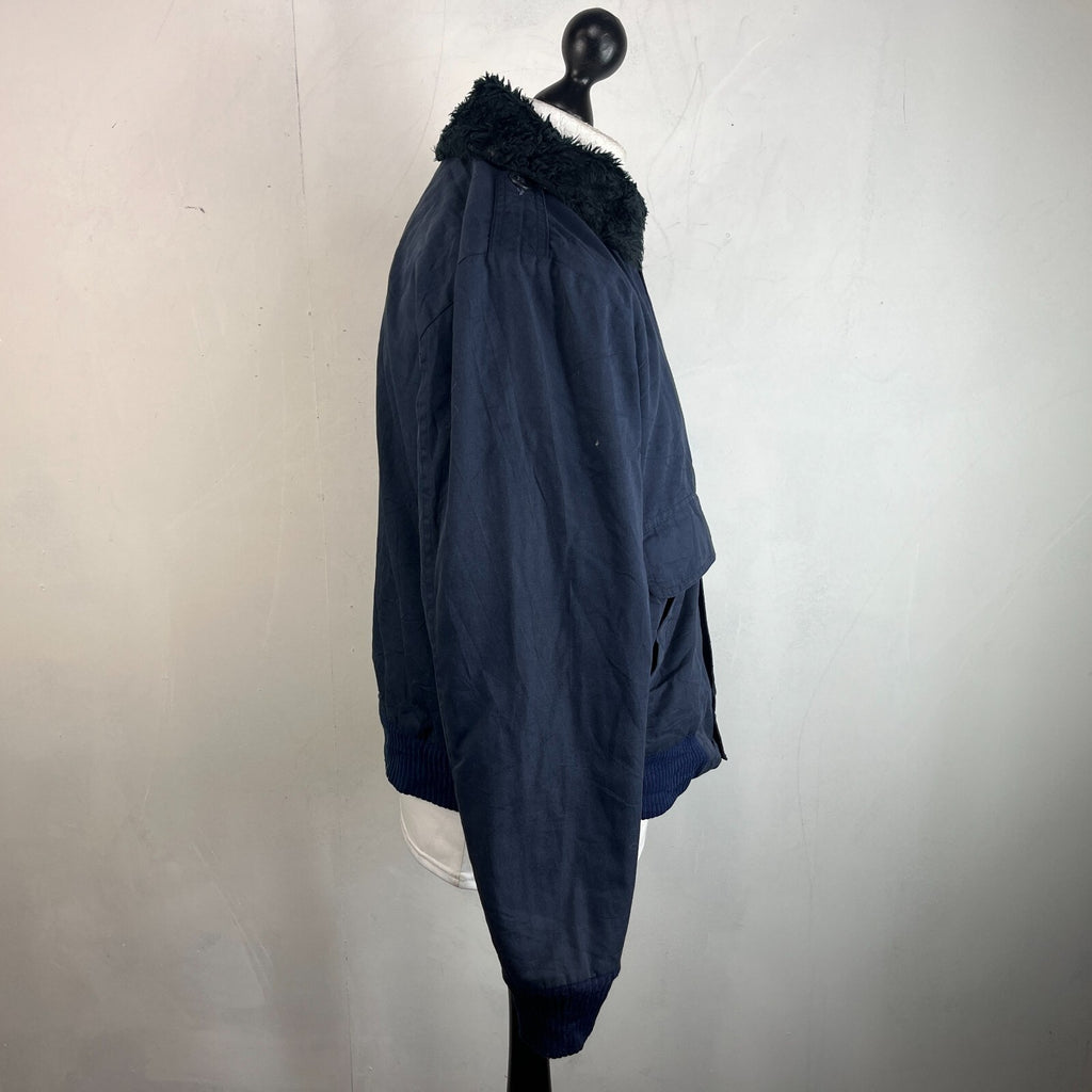 French Military Fleece Lined Bomber Jacket size M Navy Blue Workwear Canvas