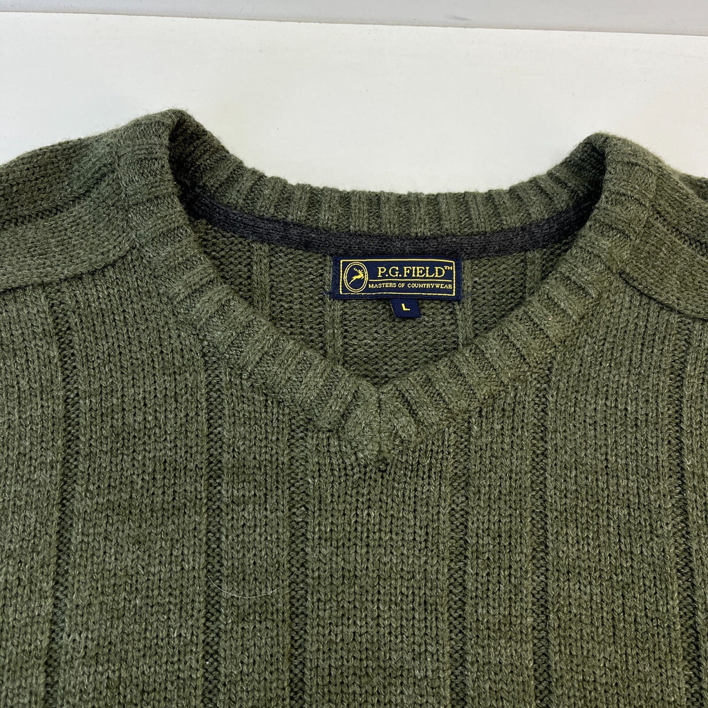 PG Field Men’s Jumper Dark Green Cable Knit Chunky V-Neck Sweater size Large