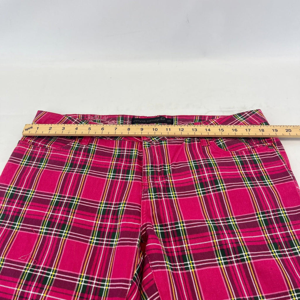 Criminal Damage Women's Pink Tartan Jeans Tapered Stretch Waist 36"