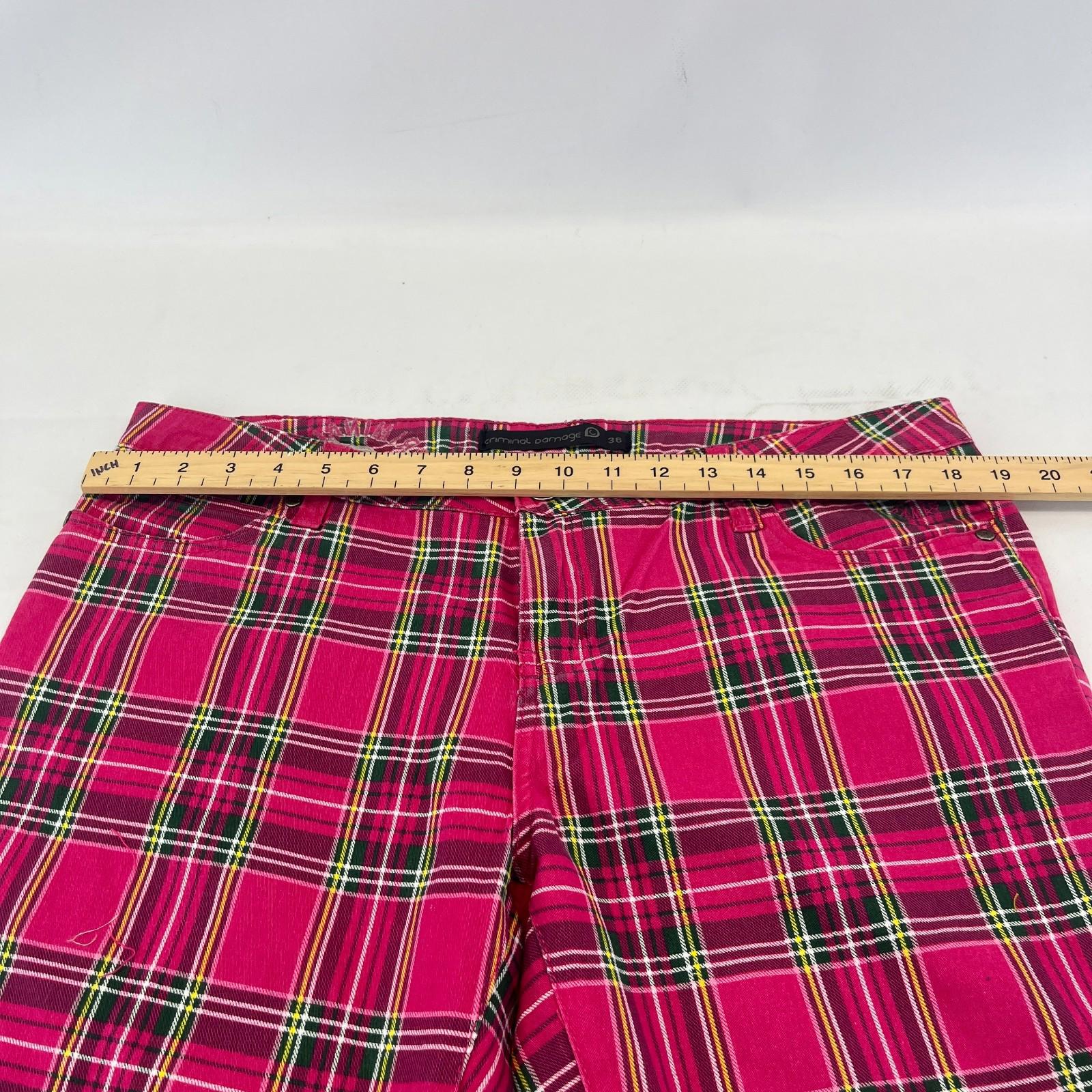 Criminal Damage Women's Pink Tartan Jeans Tapered Stretch Waist 36"