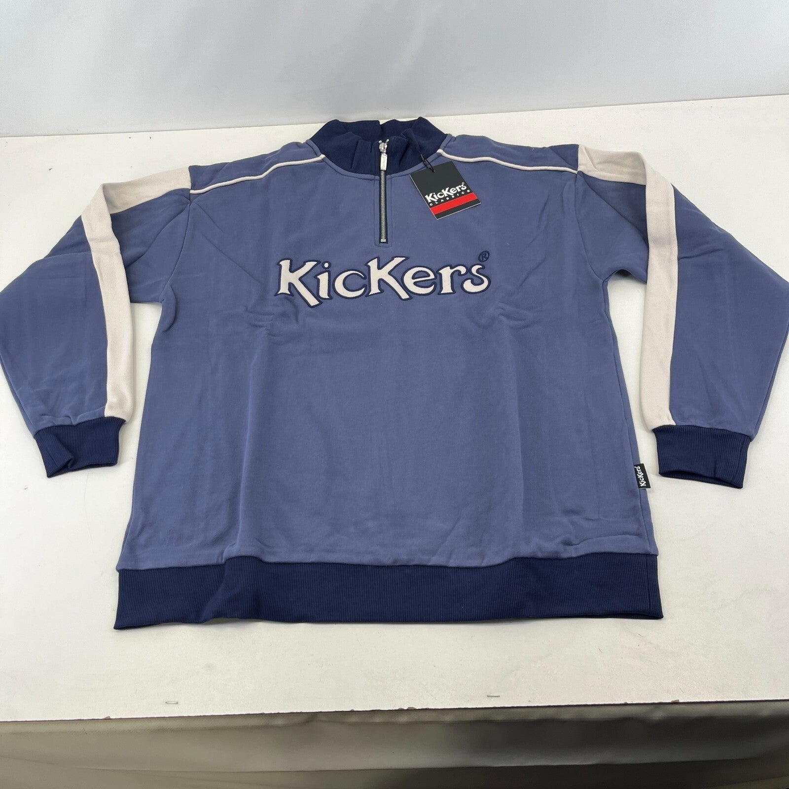 Kickers Big Spellout Blue 1/4 Zip Pullover Sweater Applique Logo size Medium