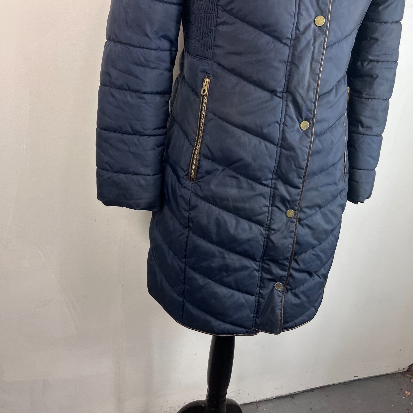 Joules Warm Welcome Long Quilted Jacket Navy Blue with Faux Fur Fringe size 14