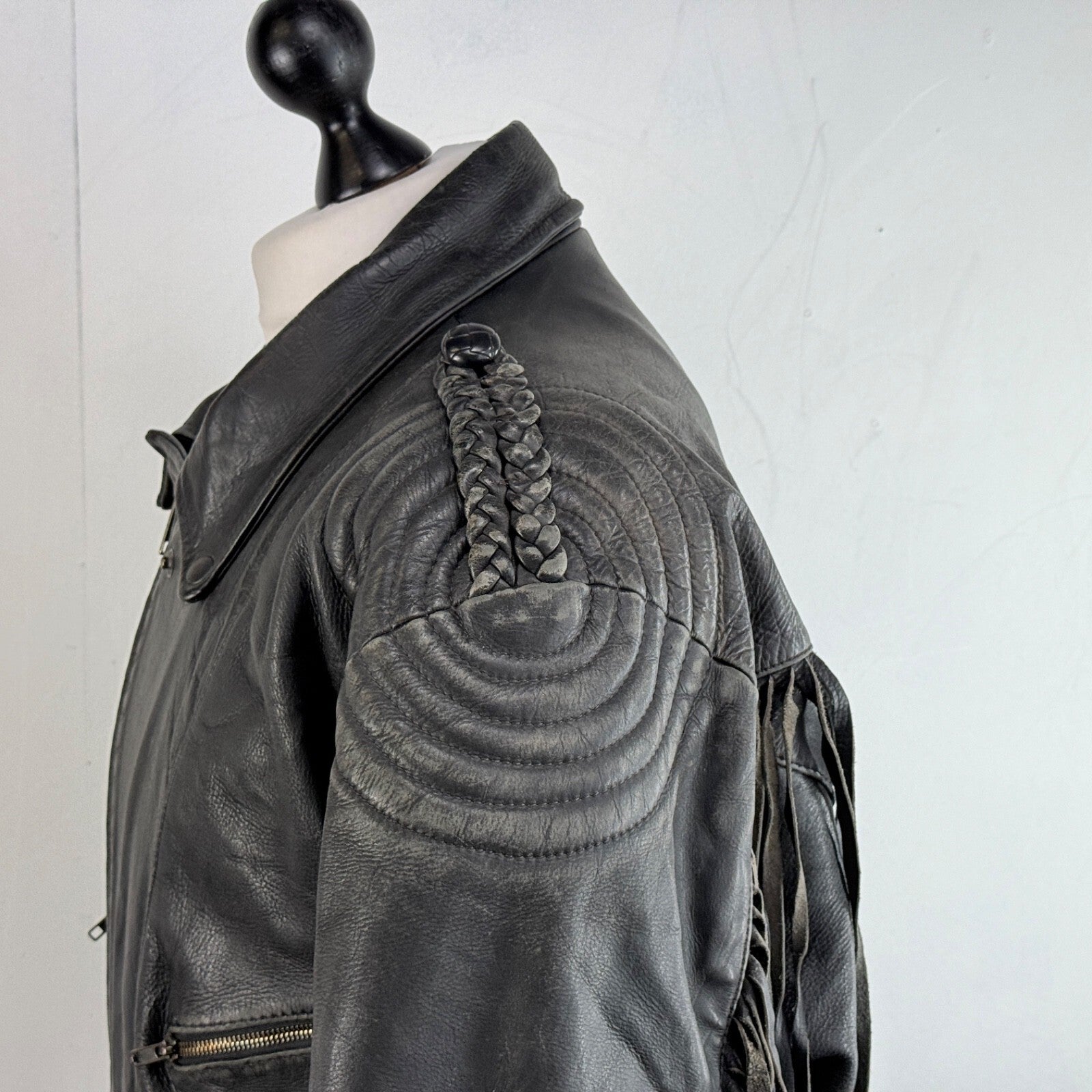 Vintage Difi of Germany Tasselled Leather Jacket Black Cruiser Cafe Racer UK 42