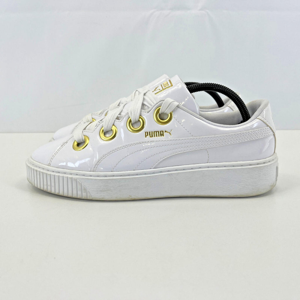 Puma Patent Kiss Trainers in White & Gold with Wide Laces size UK 8 EU 42