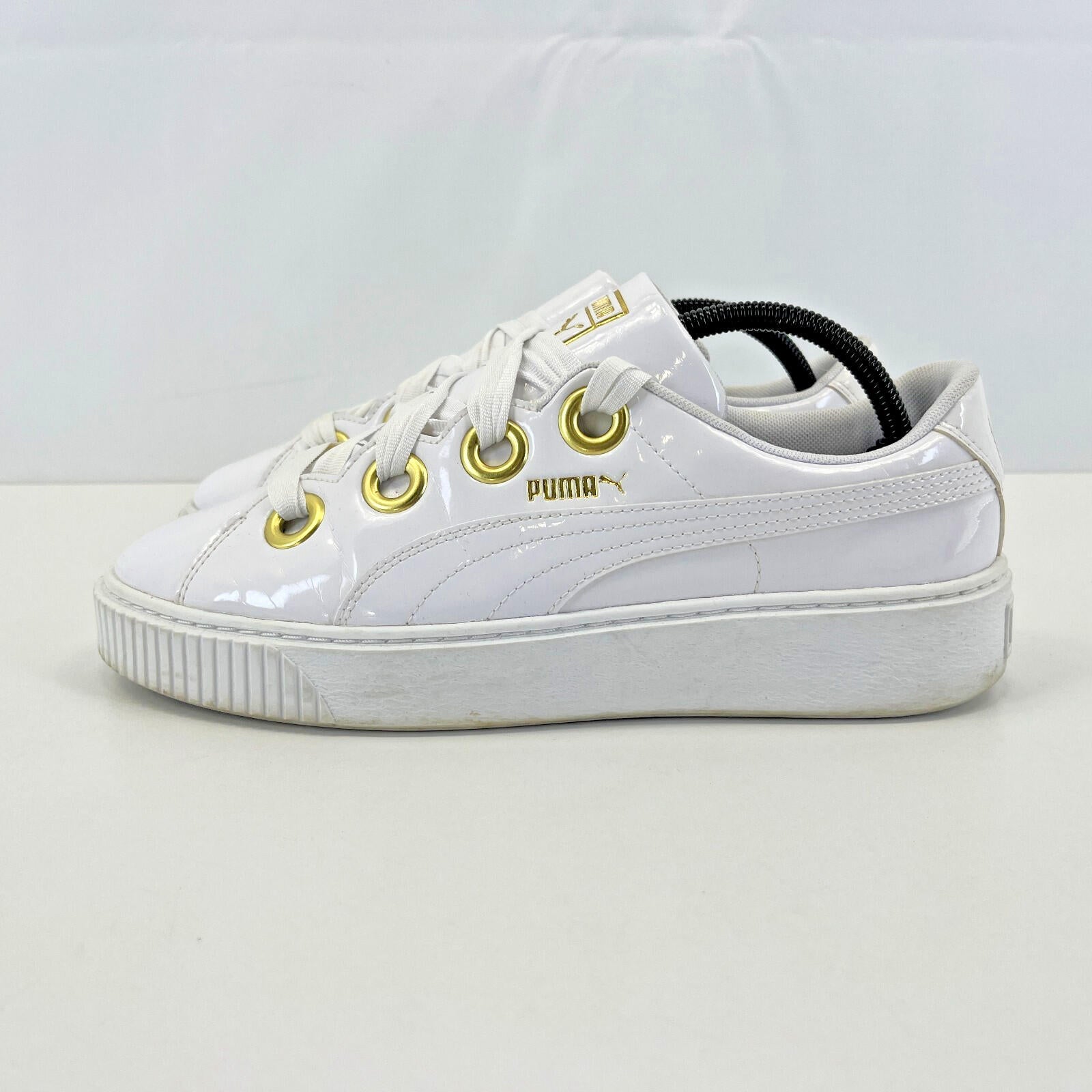 Puma Patent Kiss Trainers in White & Gold with Wide Laces size UK 8 EU 42