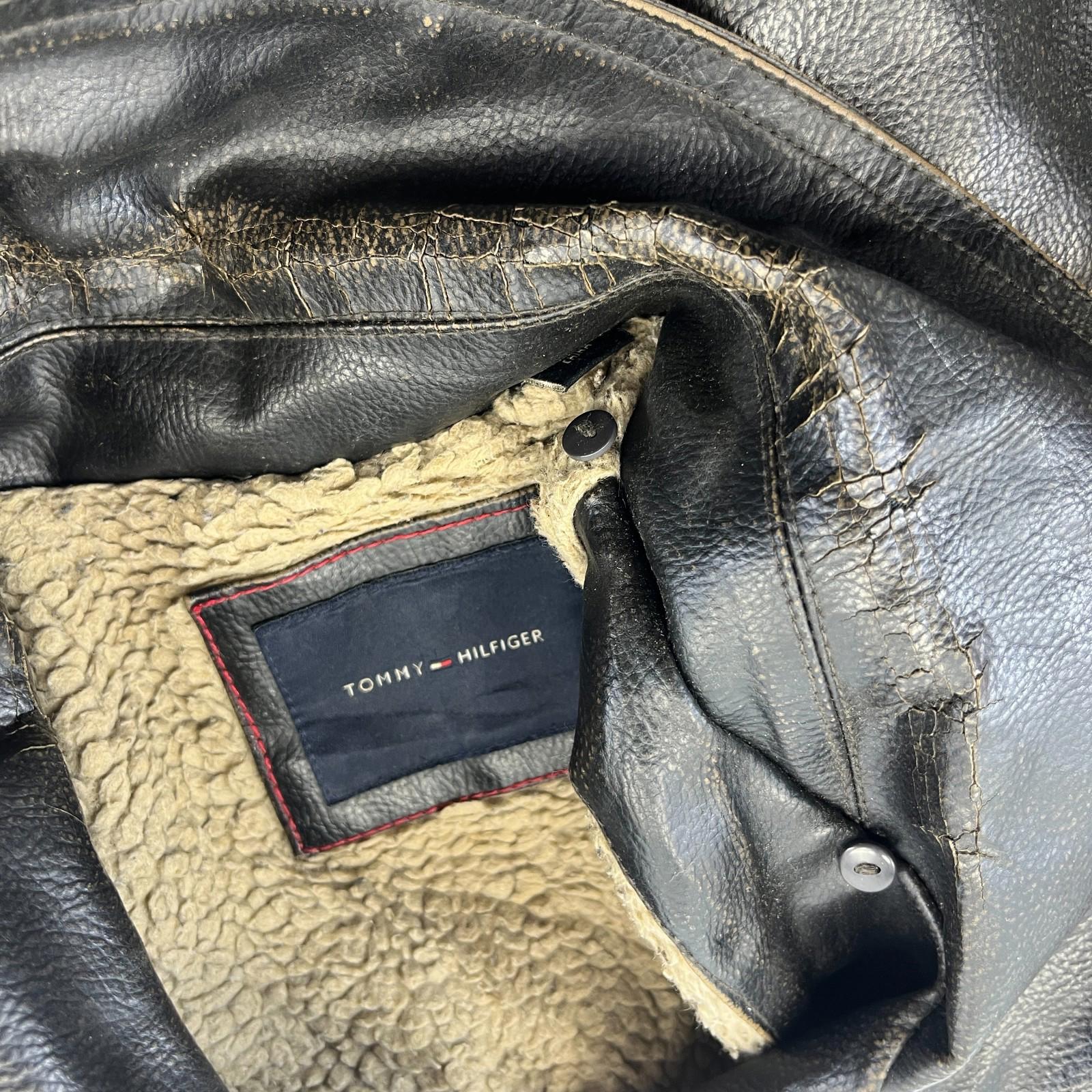 Vtg Tommy Hilfiger Brown Distressed Faux Leather Jacket Sherpa Lined Mens 2XL