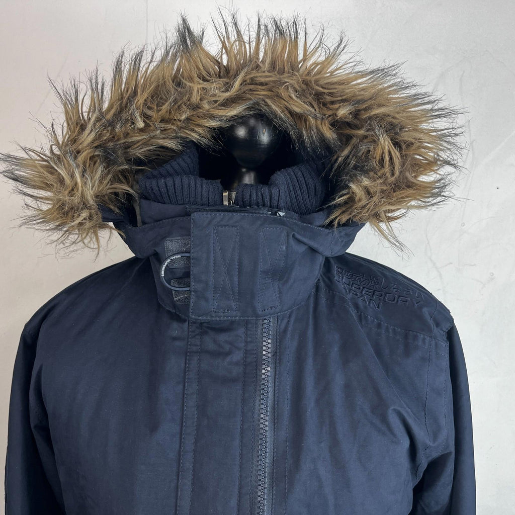 SuperDry Mens Windbomber Bomber Jacket size Large Hooded in Navy Blue Microfibre