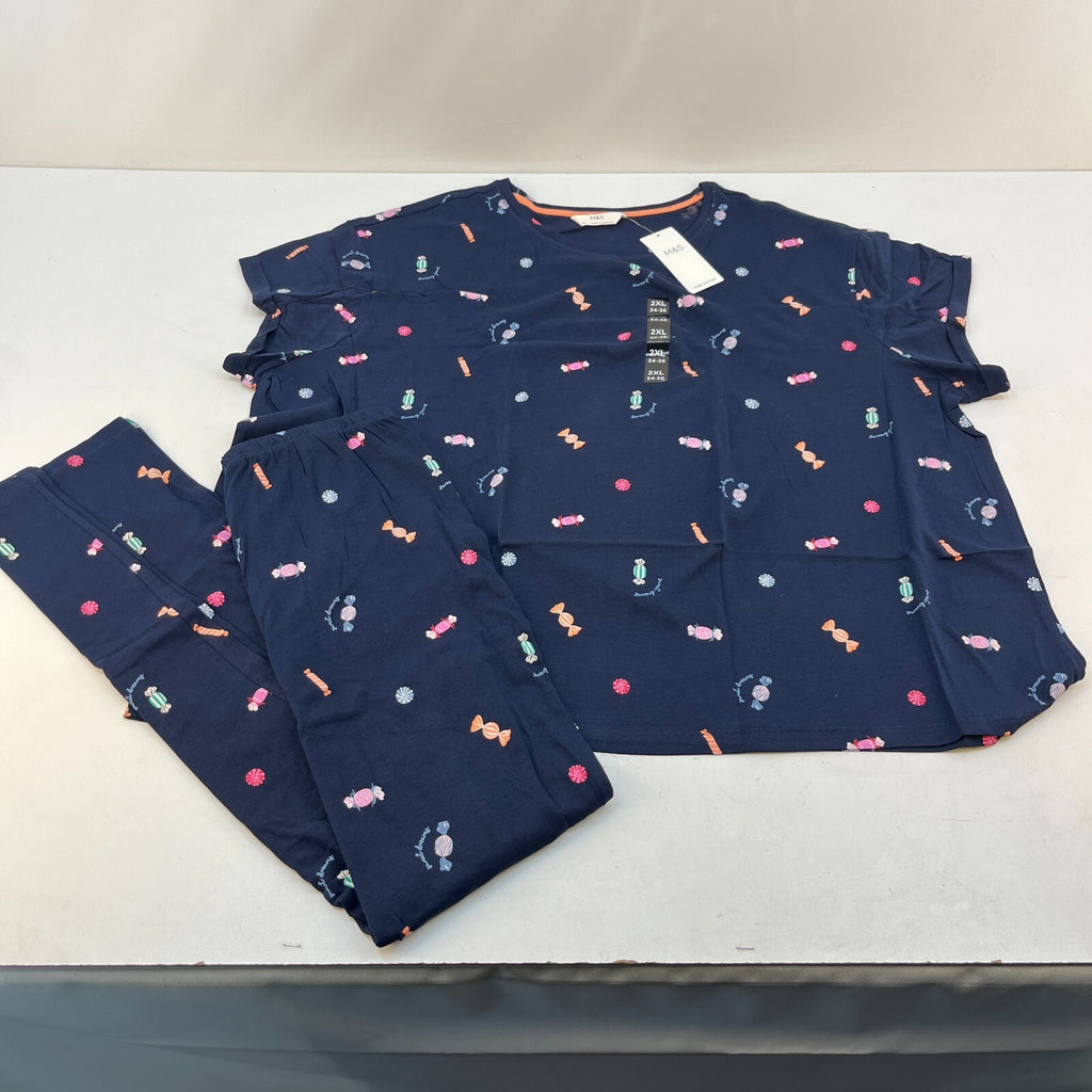 M&S Ladies Pyjama Set UK 2XL 24-26 Blue & Candy Sweet Long Leg Short Sleeve New
