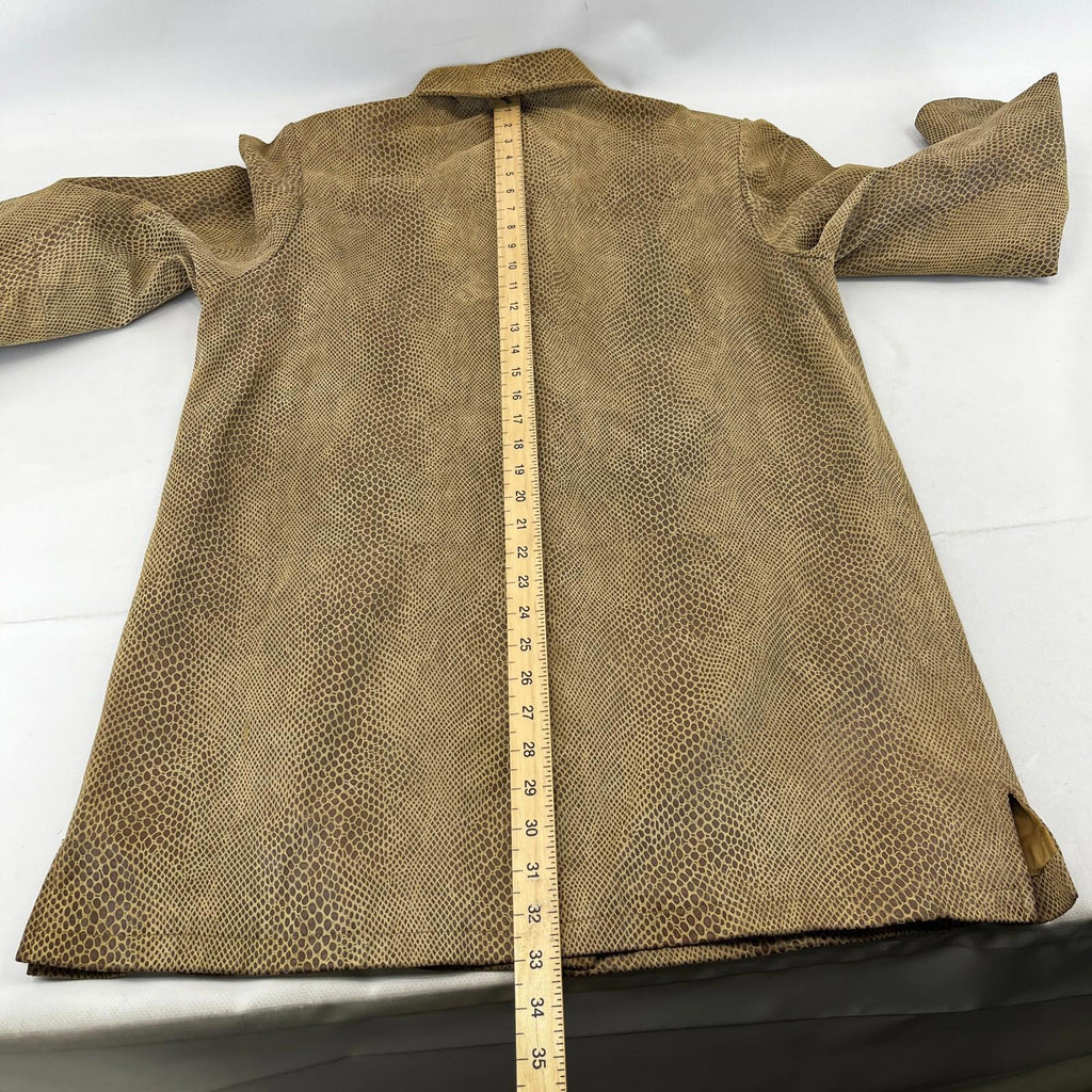 Beth Terrell Long Leather Coat Jacket Tan Brown Snake Lizard Pattern size Medium