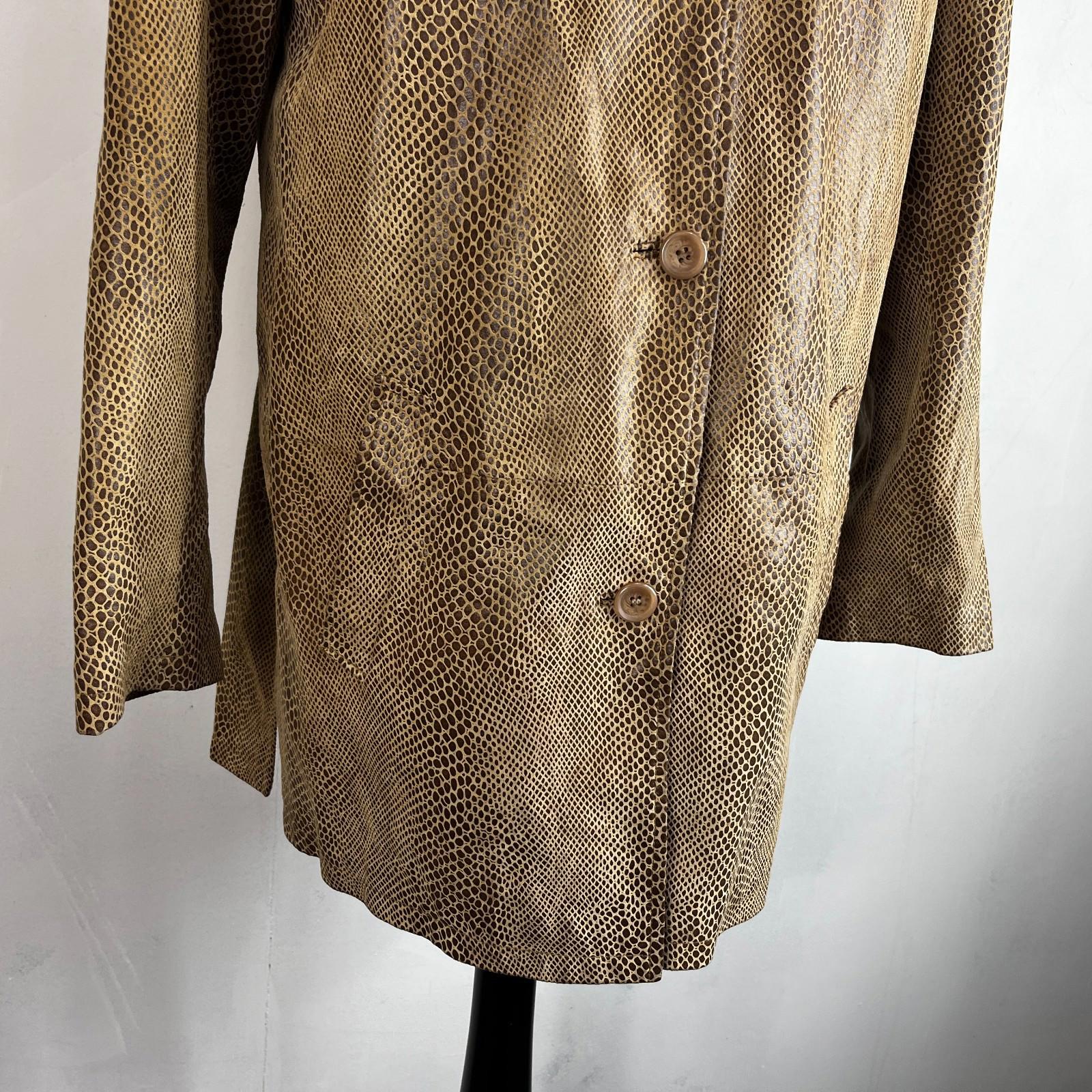 Beth Terrell Long Leather Coat Jacket Tan Brown Snake Lizard Pattern size Medium