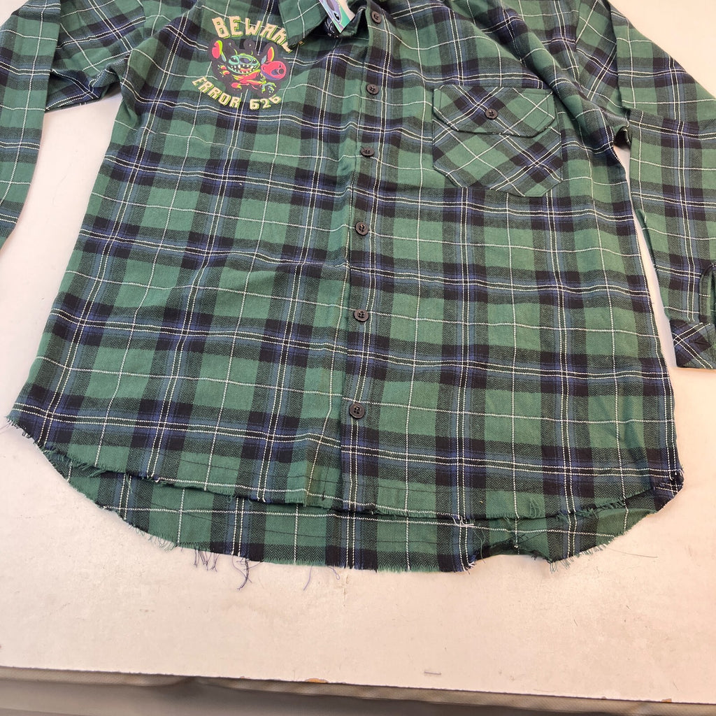 Disney Lilo & Stitch Mens "Stay Weird" Button Up Shirt Check Green Frayed Hem M
