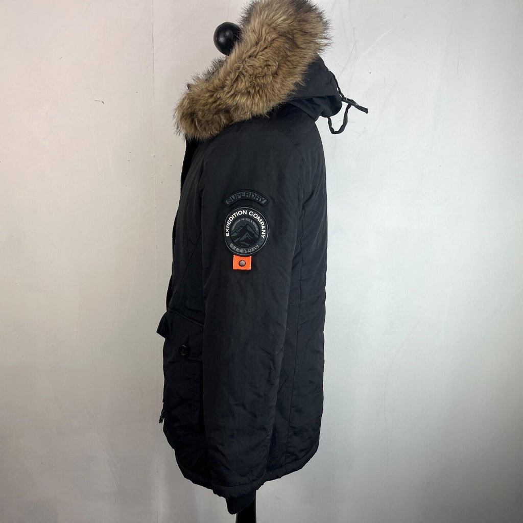 Superdry Everest Mountain Parka in Black with Fur Fringe Hood UK Women's size 12