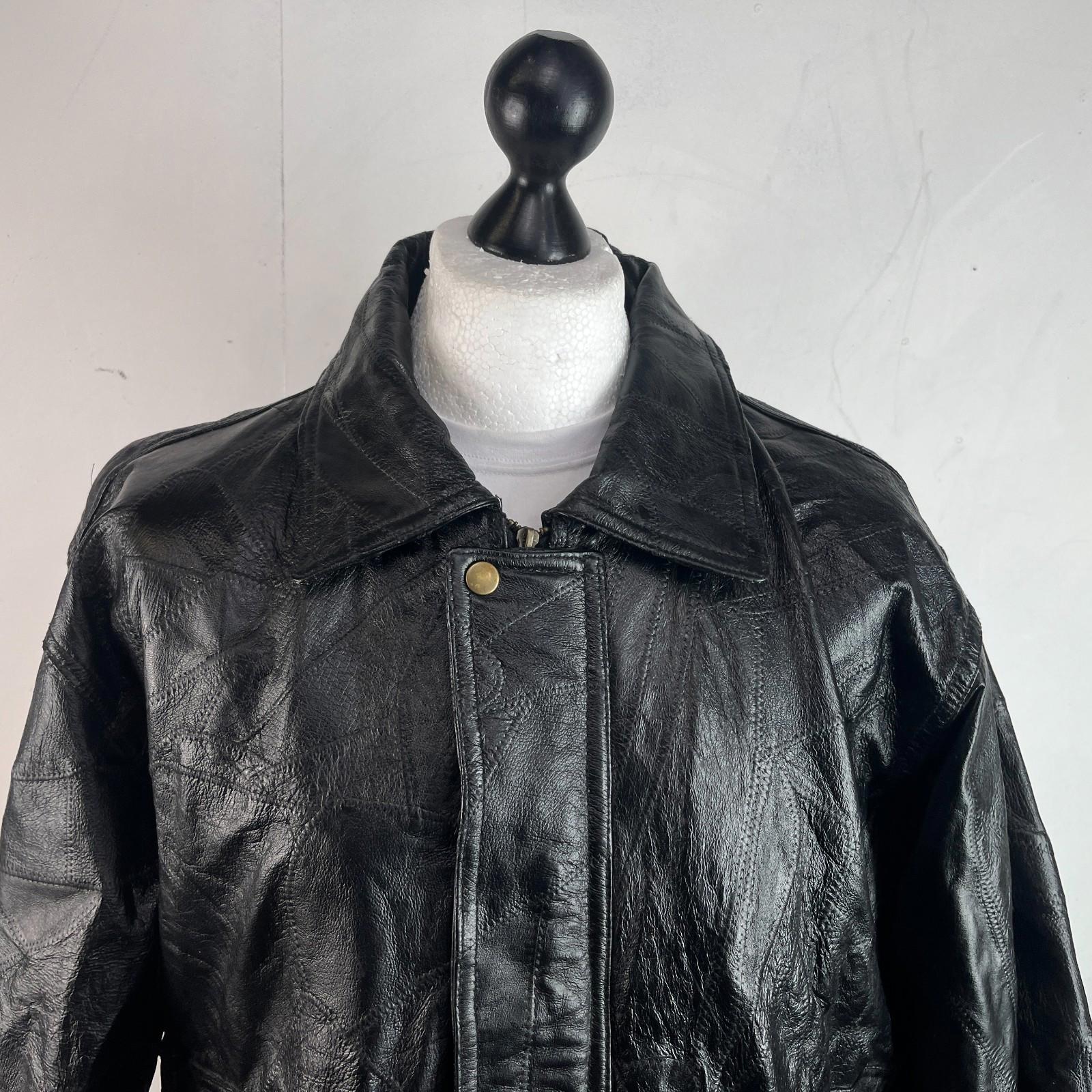 Vintage Patchwork Black Leather Bomber Jacket Men's size XL