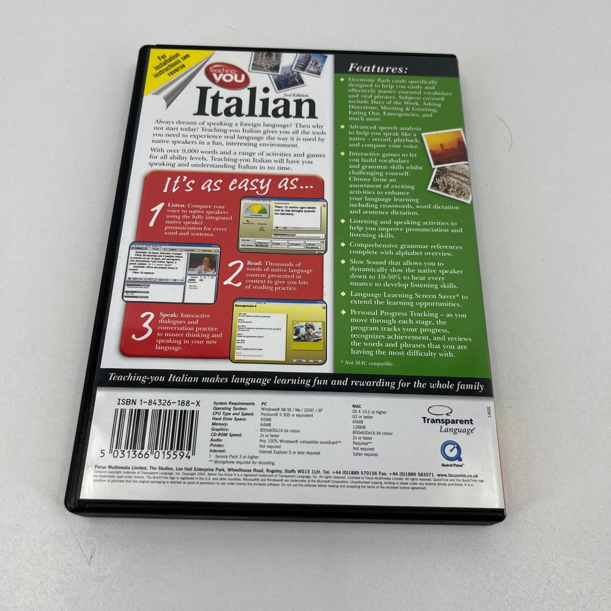 Teaching You Italian PC CD Rom Computer Language Aid - Near Mint Condition