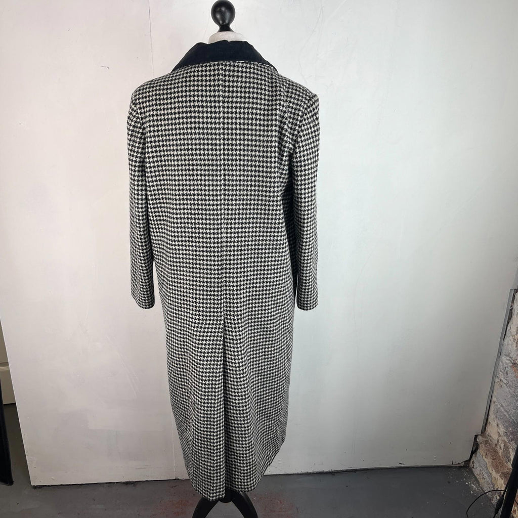 Vtg Kashmoor of London Wool Blend Long Overcoat UK 16 Black/White Houndstooth