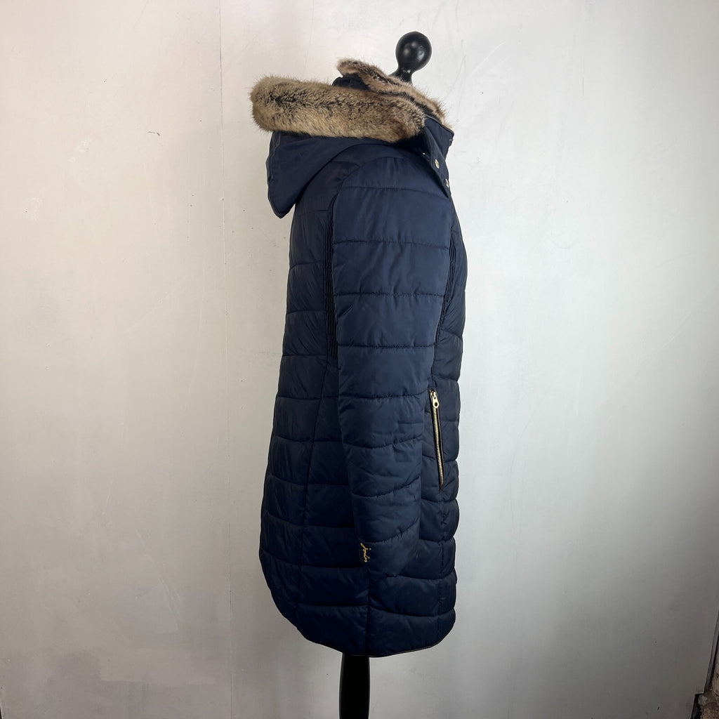 Joules Warm Welcome Long Quilted Jacket Navy Blue with Faux Fur Fringe size 14