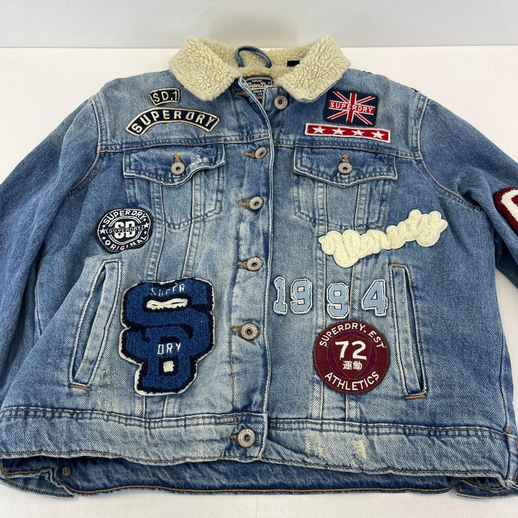 Superdry Denim Jacket Womens M Blue Sherpa Faux Fur Lining Patches Biker