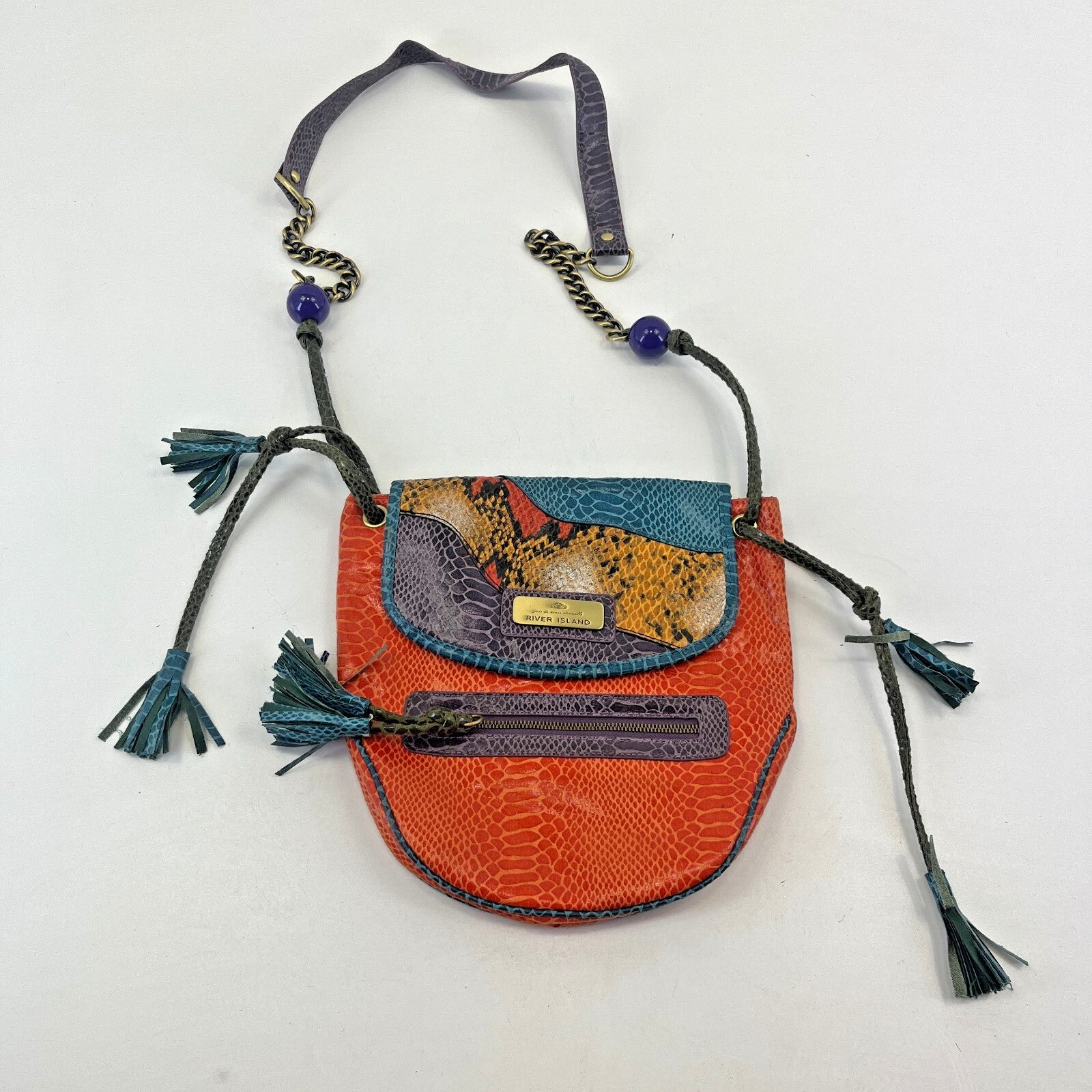 River Island Faux Snakeskin Leather Tassel foldover Chain Handbag Boho Hippy