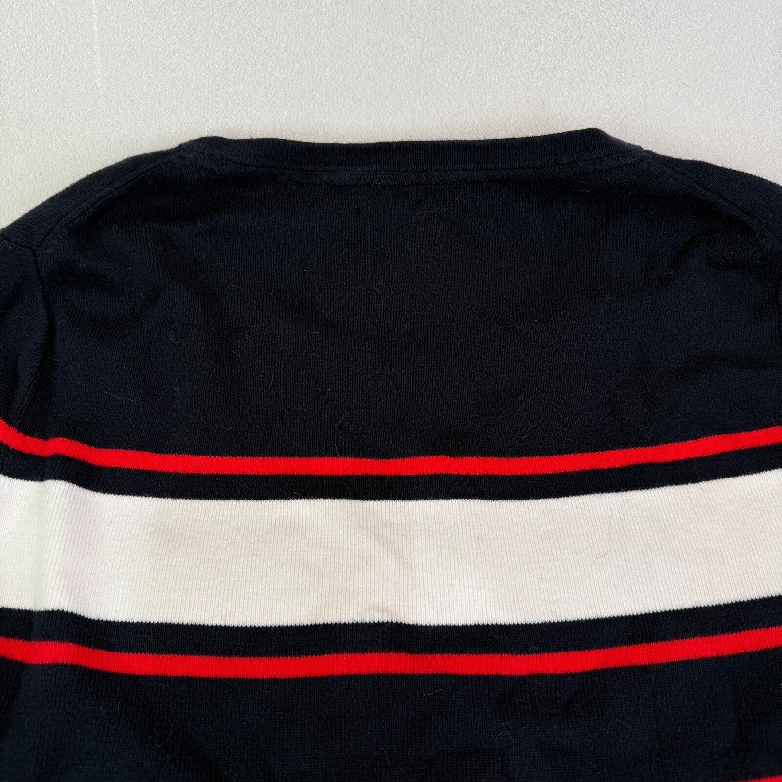Tommy Hilfiger Lightweight Cotton Jumper Black/Red/White Striped Large Slim Fit