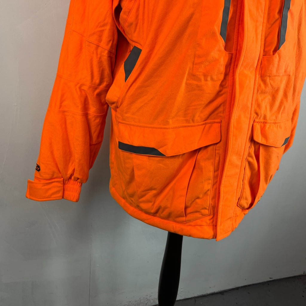Cabelas Fluorescent Orange Softshell Chore Coat Warm Jacket with Hood size Large