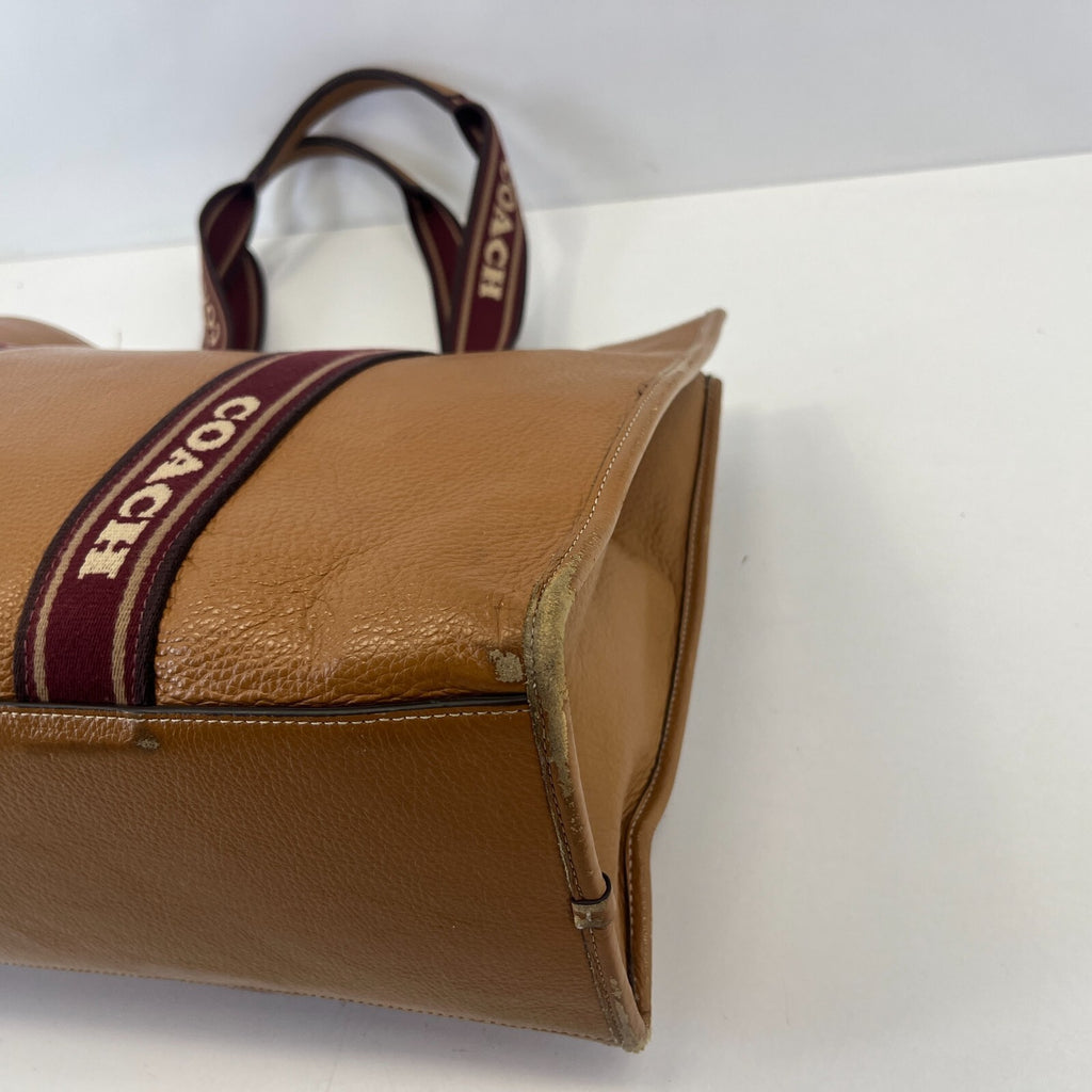 Coach Smith Tote Bag CM716 Tan Pebbled Leather Burgundy Logo Strap